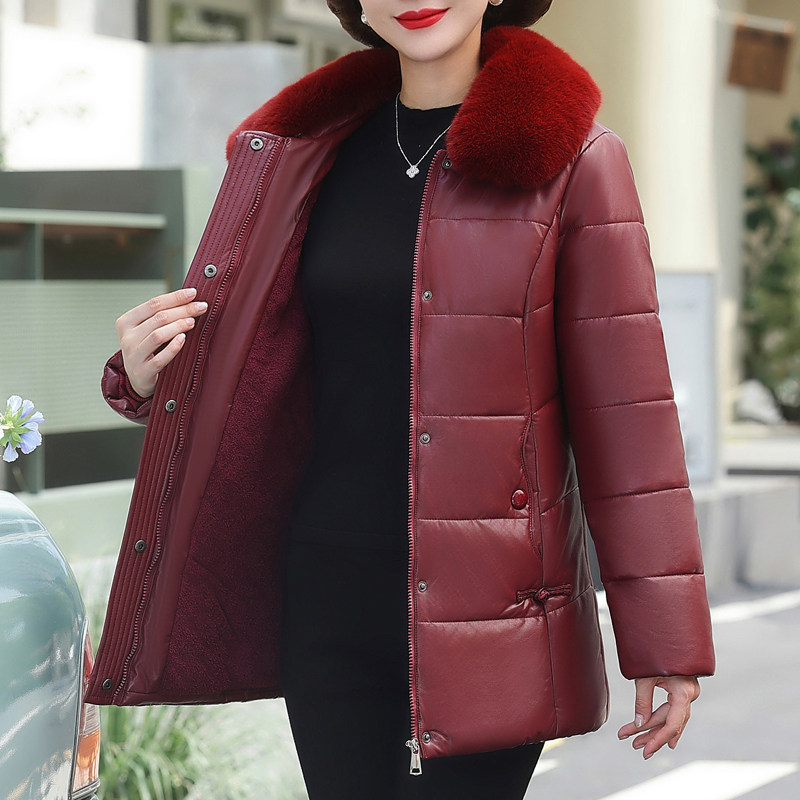 中老年人女装加绒皮衣妈妈冬装棉衣加厚PU皮袄50岁60妇女羽绒棉服