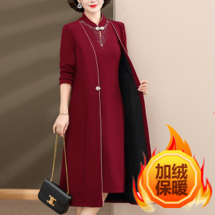 2025秋装新款连衣裙加绒加厚中年妈妈长袖假两件裙子喜婆婆礼服裙