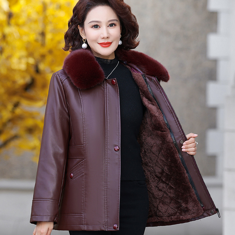 妈妈装皮衣加绒加厚皮夹克