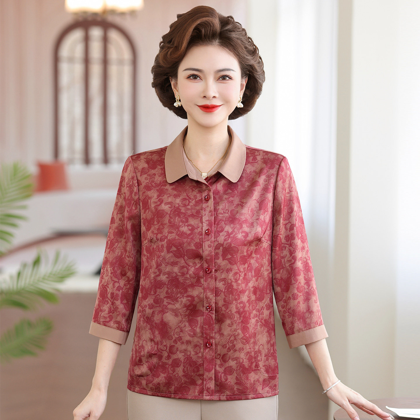 中老年妈妈七分袖衬衫洋气上衣服