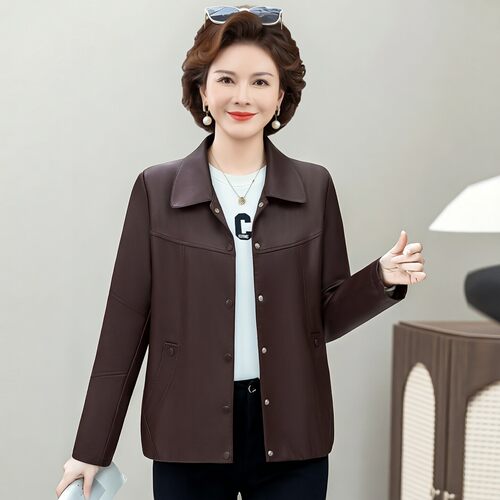 妈妈春装外套中年女人皮衣夹克