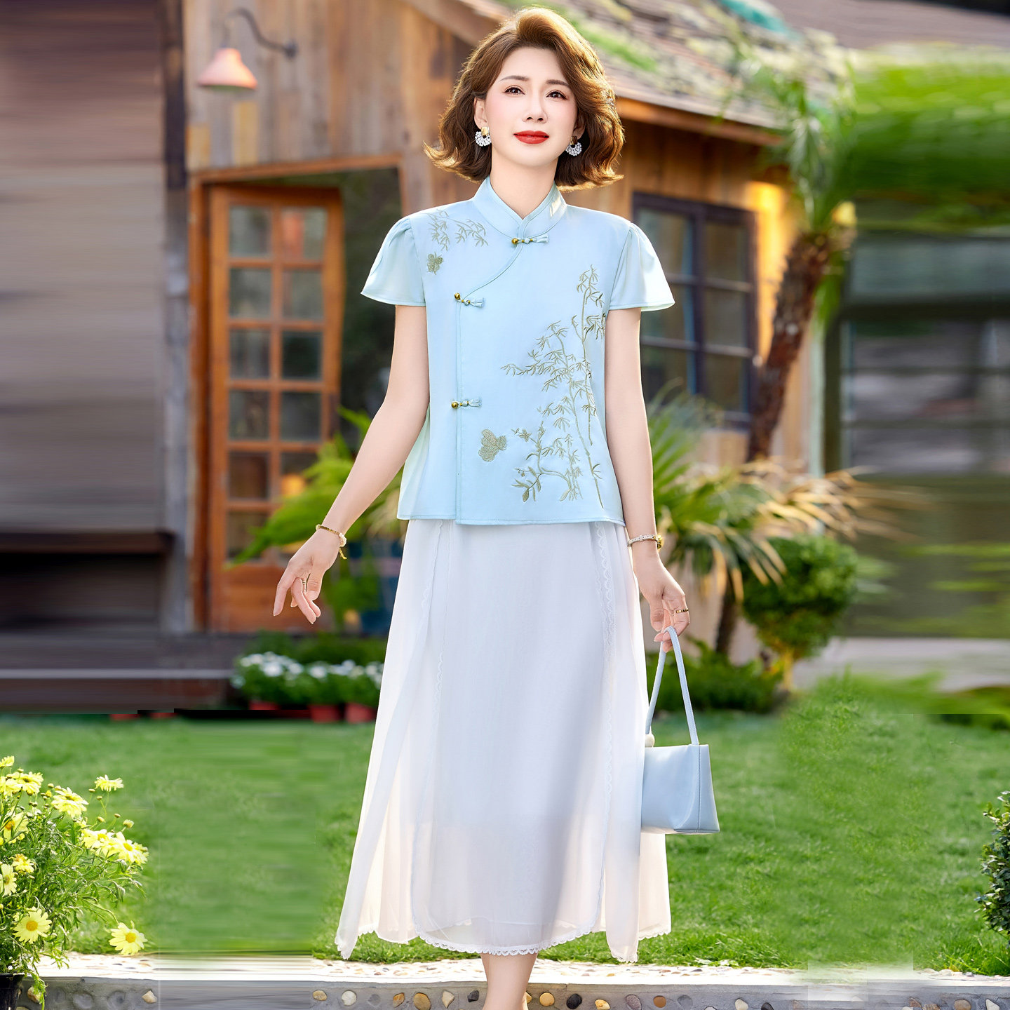 中年妈妈新中式刺绣两件套连衣裙时尚休闲白色半身裙国风汉服套装