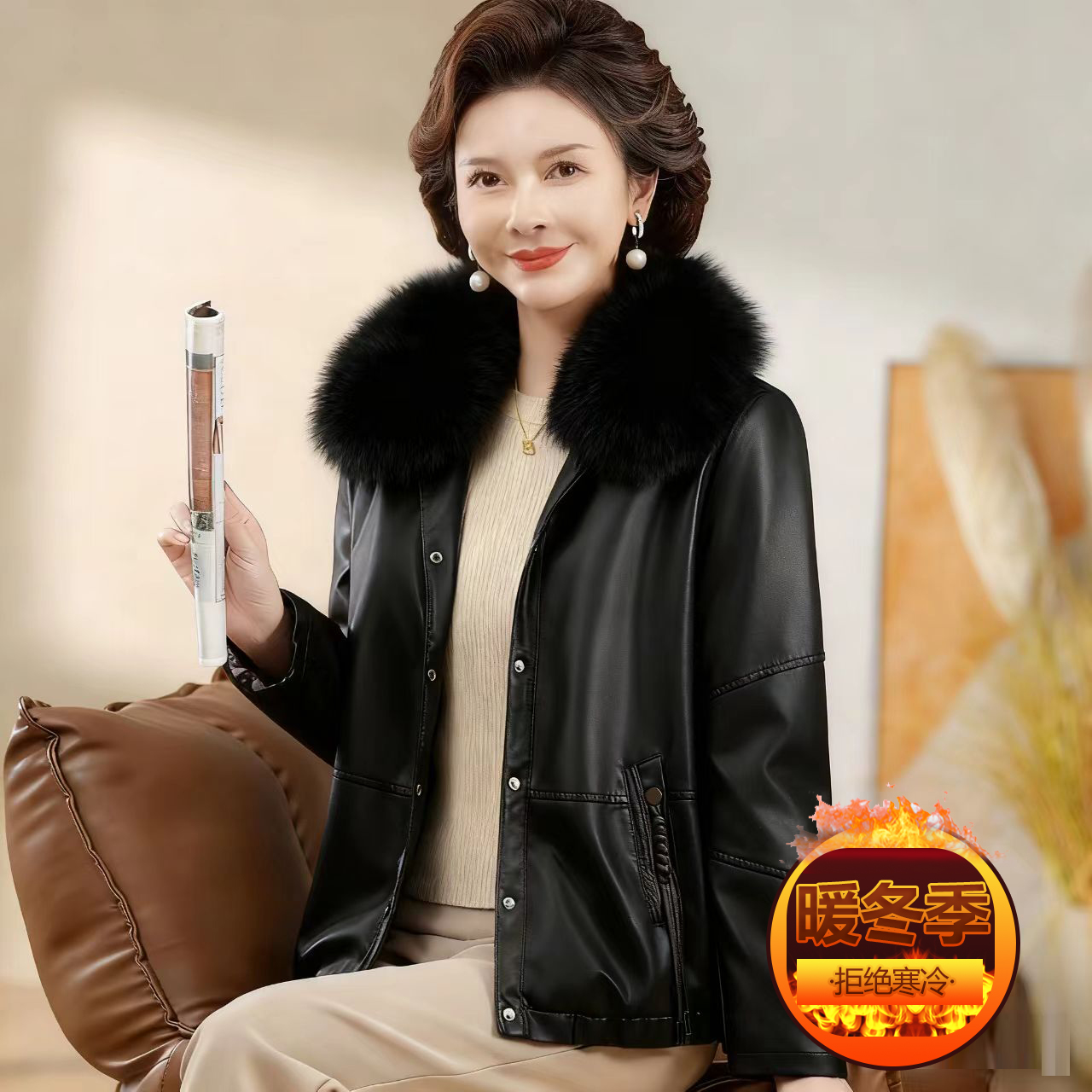 中年女妈妈外套秋冬新款PU皮夹克