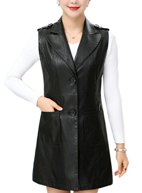 妈妈马甲女4050岁妇女PU皮夹克时尚春秋皮背心中老年女士西装马夹