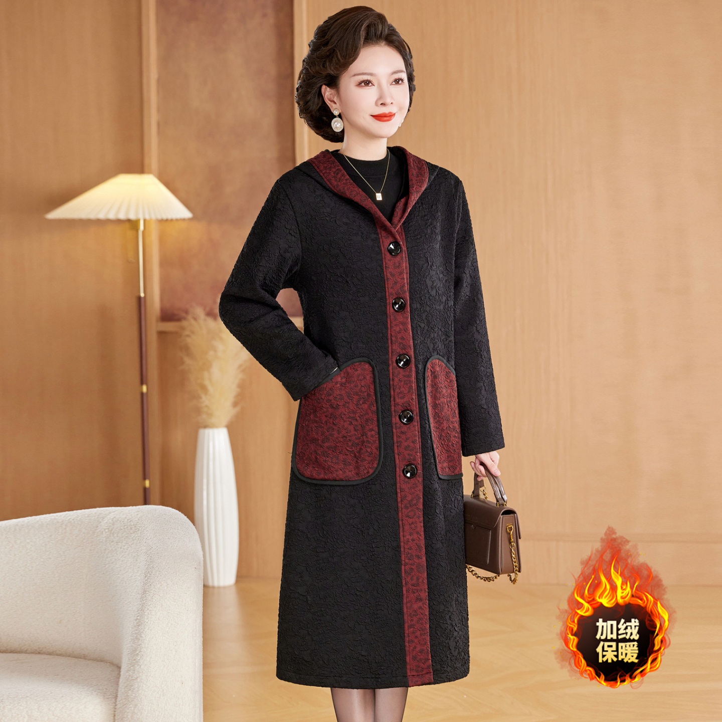 妈妈冬装外套中长款加绒大衣洋气
