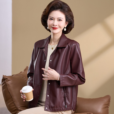 妈妈春装外套时尚PU皮夹克休闲