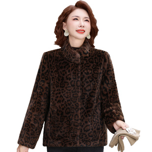 中年女人皮草外套时尚高端豹纹皮毛一体上衣妈妈秋冬装水貂绒皮袄