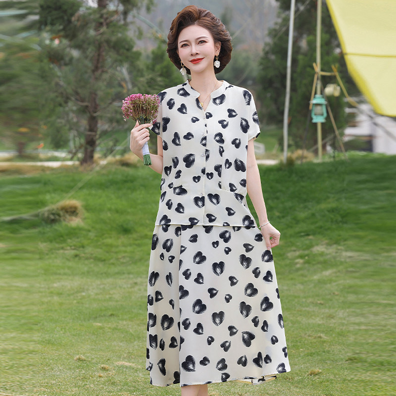 中年妈妈夏装两件套裙子时尚洋气雪纺V领衫端庄大气半身裙子显瘦