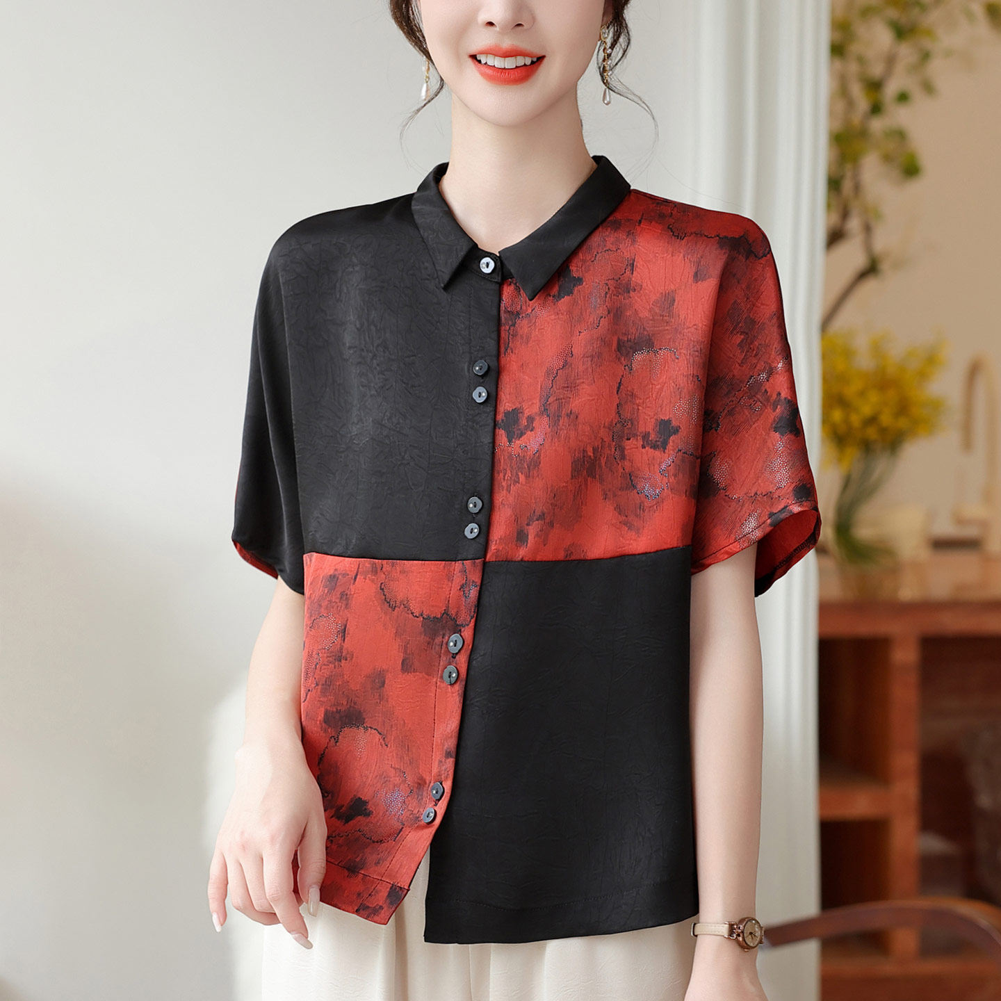 妈妈夏装短袖衬衫洋气高贵中老年真丝套装四五十岁妇女打底衫裤子