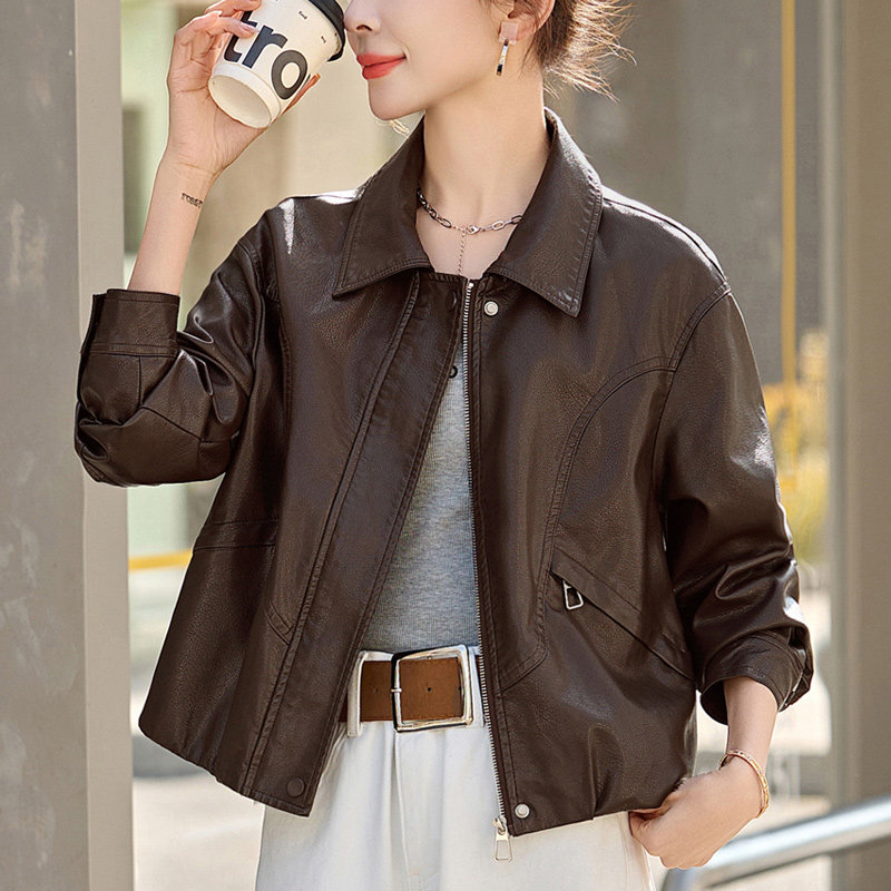 翻领皮衣外套女短款棕色拉链皮夹克小个子春秋上衣今年流行PU皮褂