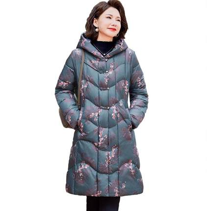 妈妈冬装羽绒棉服中长款修身显瘦中老年女人棉衣新中式国风连帽款