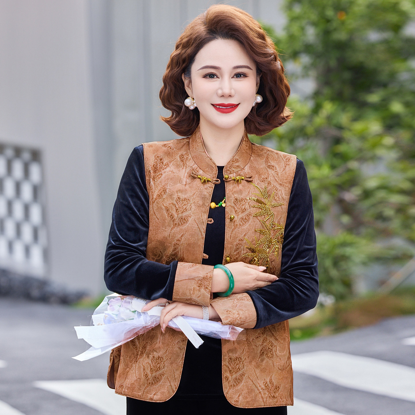 新中式国风马甲两件套装妈妈长袖