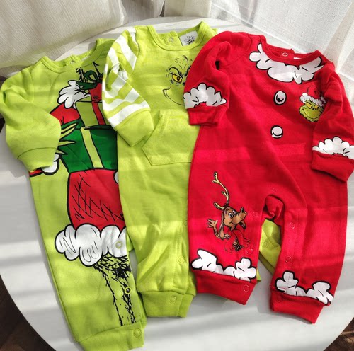 59-85码外贸春秋圣诞宝宝长袖爬服婴儿红色绿色连体衣包屁衣哈衣