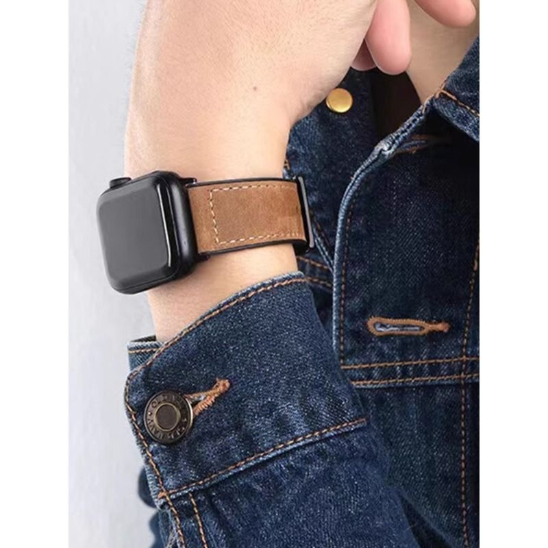 适用iwatchs9手表带真皮苹果手表se复古疯马皮s8透气时尚针扣表带