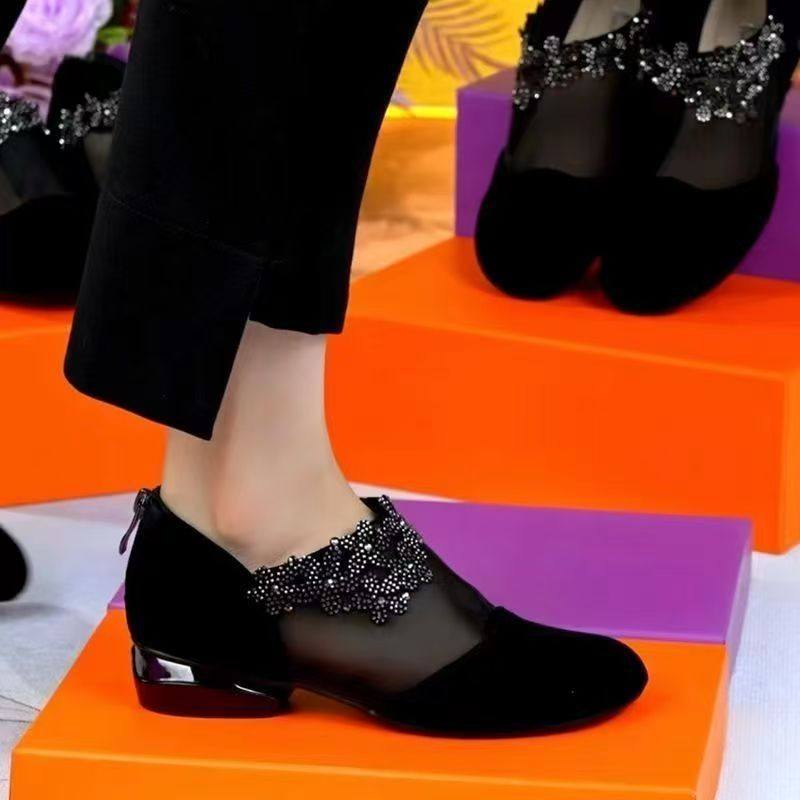 2025新款春夏季真皮网纱水钻女鞋圆头单鞋女软底妈妈凉鞋镂空皮鞋
