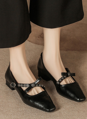 H8563-9单鞋女蝴蝶结一字带扣粗跟玛丽珍通勤气质女鞋方头复古