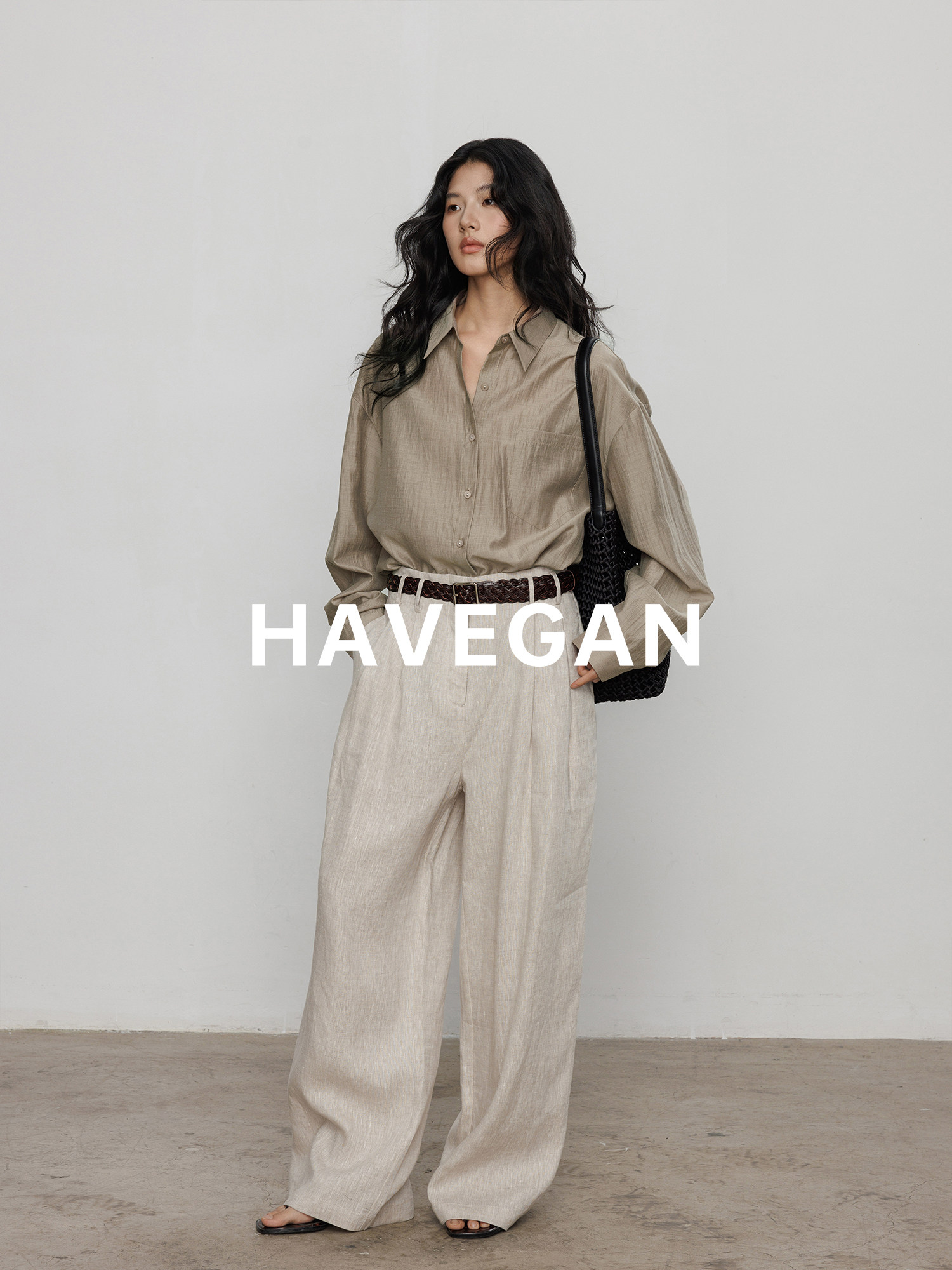 HAVEGAN/100リネンサマー薄型カジュアルパンツレディース2026新作ハイウエストワイドレッグレージーパンツ