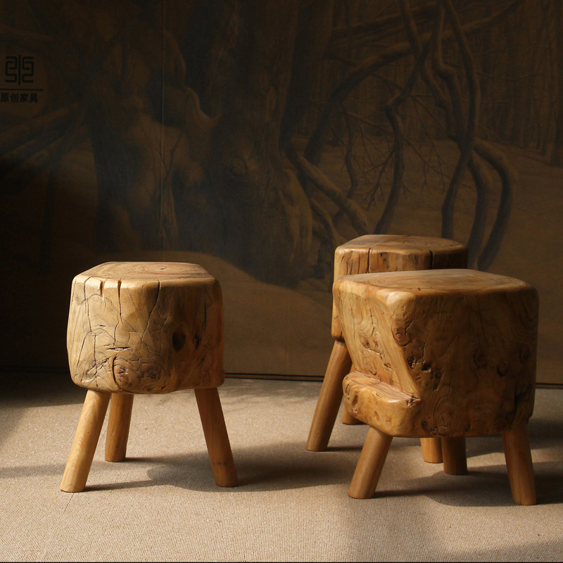 东西无界侘寂风老榆木实木树墩榫卯厚实茶凳玄关换鞋凳花台一物一