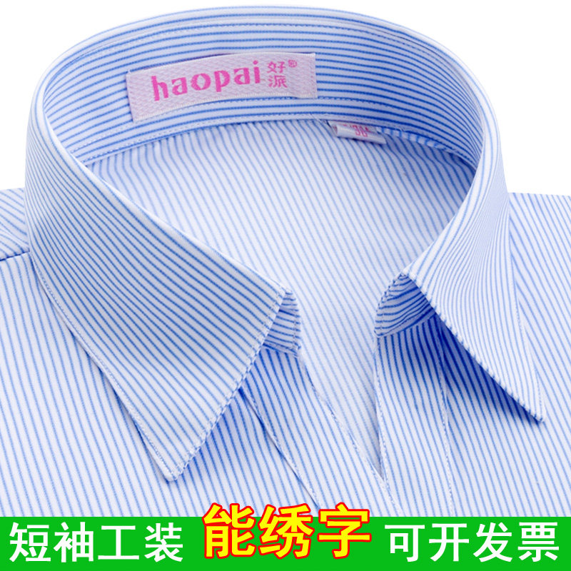 蓝色条纹短袖衬衫女士V领职业正装工作服修身银行条纹衬衣加大码