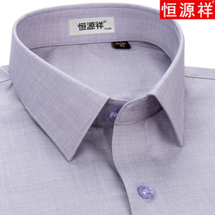 恒源祥春季款男士长袖衬衫淡紫色商务休闲青中年铜氨正装衬衣弹力