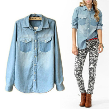 春秋新款F21欧美水洗口袋印痕磨白做旧翻领长袖牛仔衬衫衣外套女