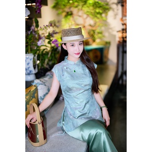 蓝大原创女装古典天青色立领斜襟盘扣桑蚕丝花萝短袖收腰上衣5142