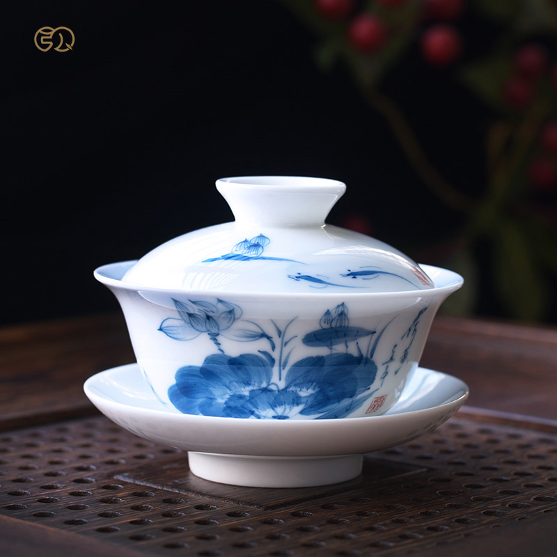 百弘手绘青花三才盖碗