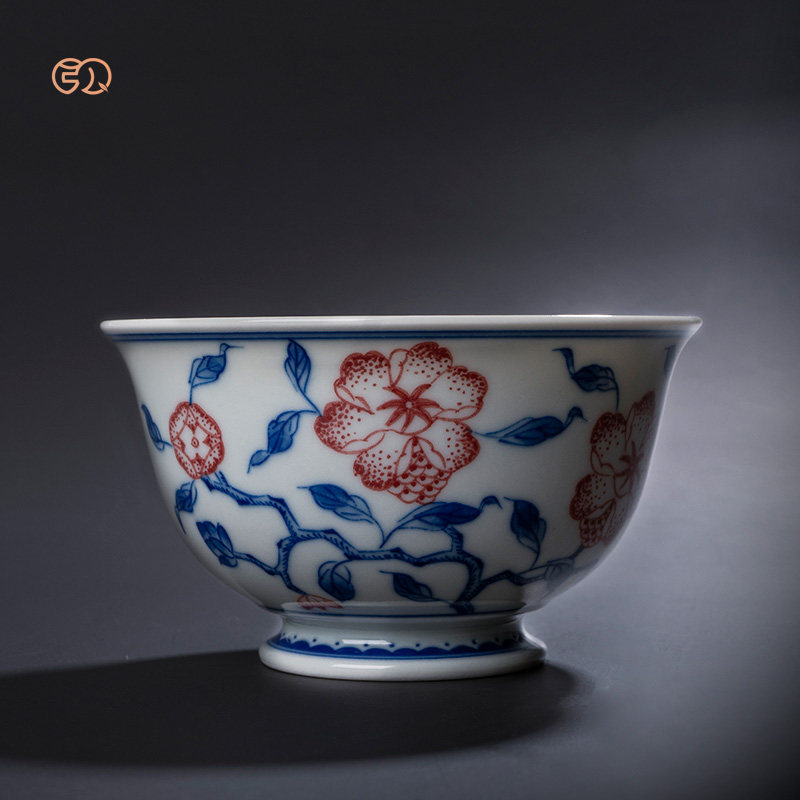 百弘 柴窑青花红彩秋葵正德杯 景德镇陶瓷茶杯手绘品茗杯主人杯