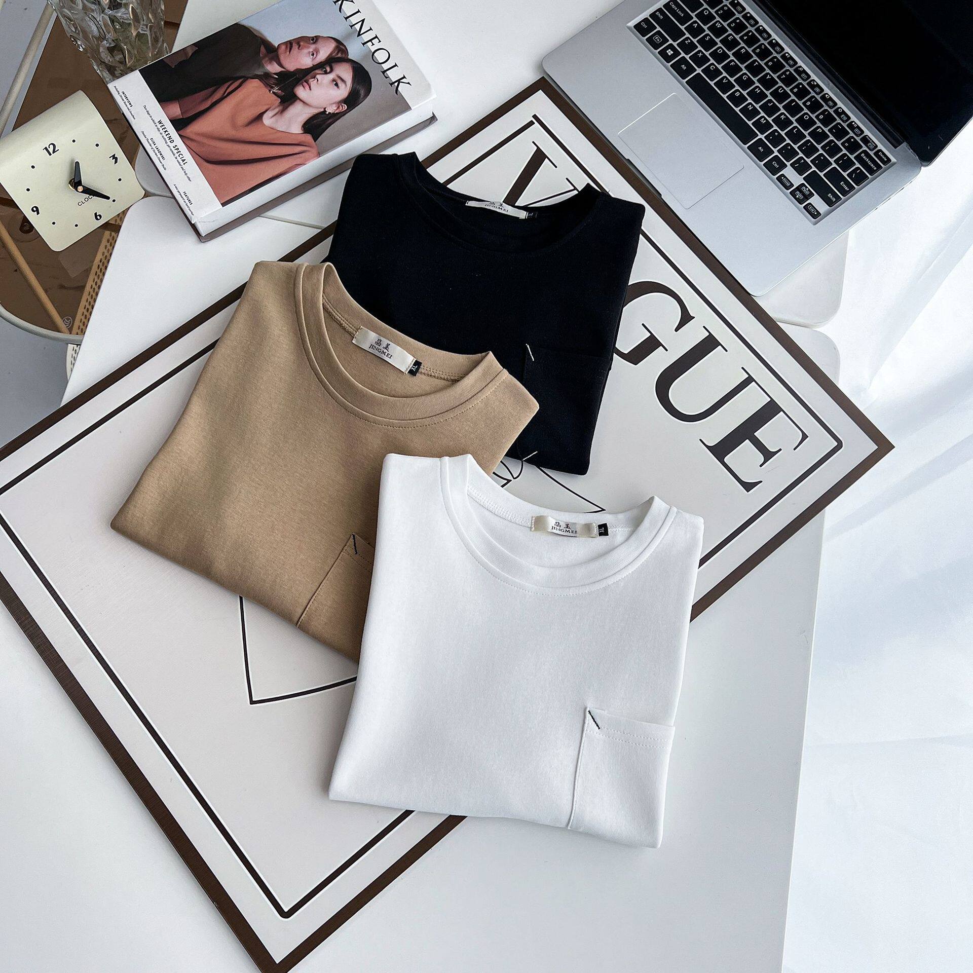 여름 여성용 뚱뚱한 MM 솔리드 컬러 반팔 티셔츠 200 파운드 대형 심플 다용도 포켓 느슨한 배 덮는 어깨 탑