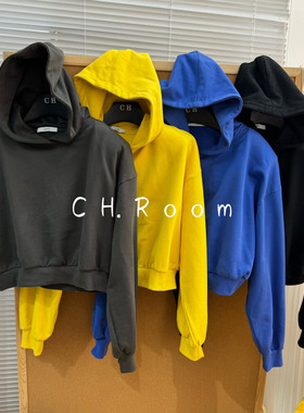 chroom西瓜家秋季新款时尚百搭纯色连帽短卫衣小个子套头长袖上衣