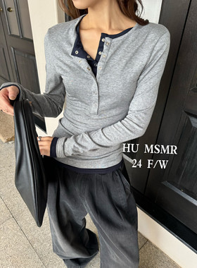 HU MSMR春季新款时尚设计感排口假两件显瘦百搭辣妹长袖打底T恤女
