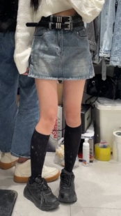 Vanna韩国WUU新款夏季百搭韩范高腰配腰带网红牛仔裤裙短裤女