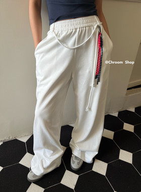 chroom西瓜家春季纯色松紧腰设计感绑带百搭显瘦拖地阔腿休闲裤女