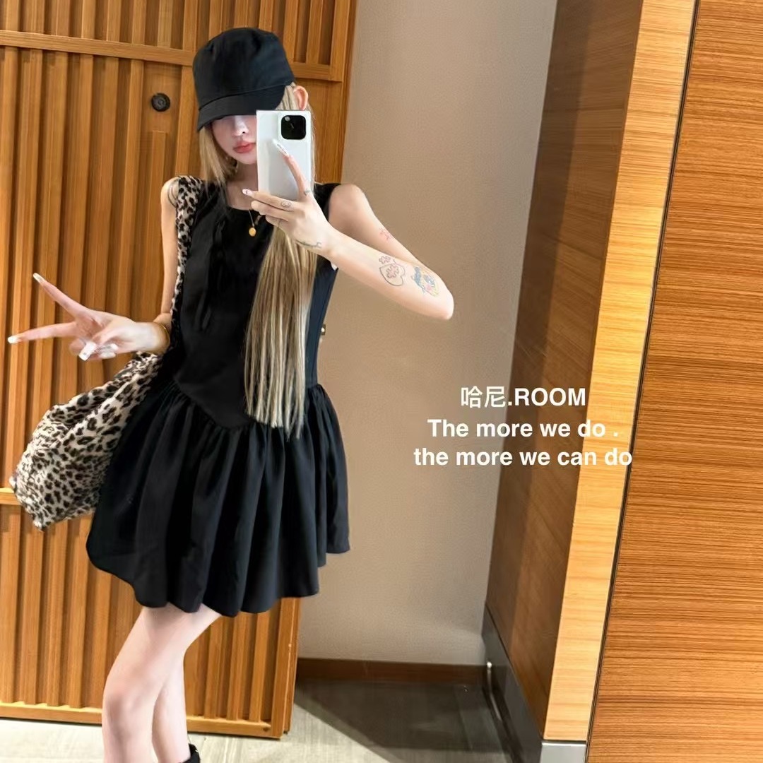 GOD财神家夏季韩国辣妹时尚圆领蝴蝶结无袖西装裙百搭显瘦连衣裙