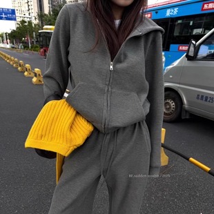 磨毛套装 百搭连帽拉链短外套上衣高腰阔腿休闲裤 女 时尚 BF秋冬新款