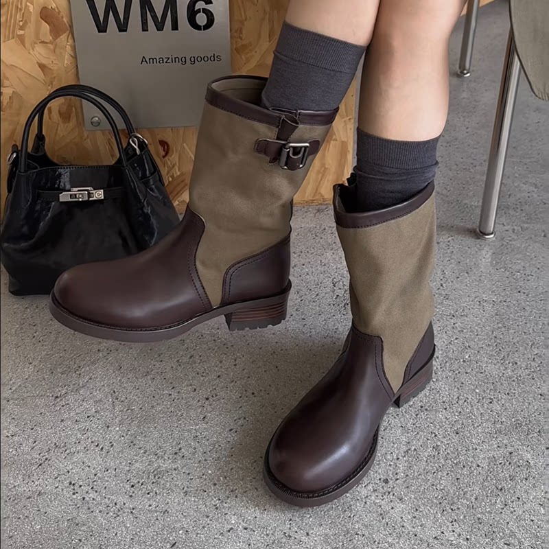 WM6 真皮女鞋中跟圆头套筒马丁靴2026年秋季短靴皮带扣西部牛仔靴 - 实物图
