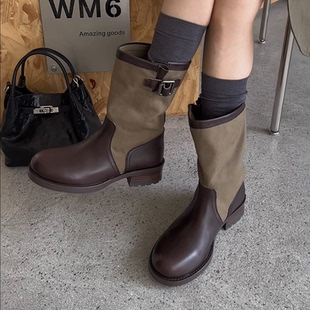 WM6 真皮女鞋中跟圆头套筒马丁靴2026年秋季短靴皮带扣西部牛仔靴