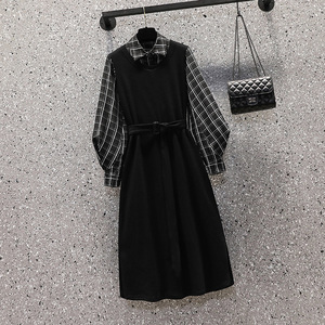 RS49436#大码女装法式赫本风气质长裙微胖假两件针织收腰小黑裙连衣裙