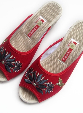 新款足下有福绣花鞋女鞋凉鞋鱼嘴鞋高跟拖鞋红色B708