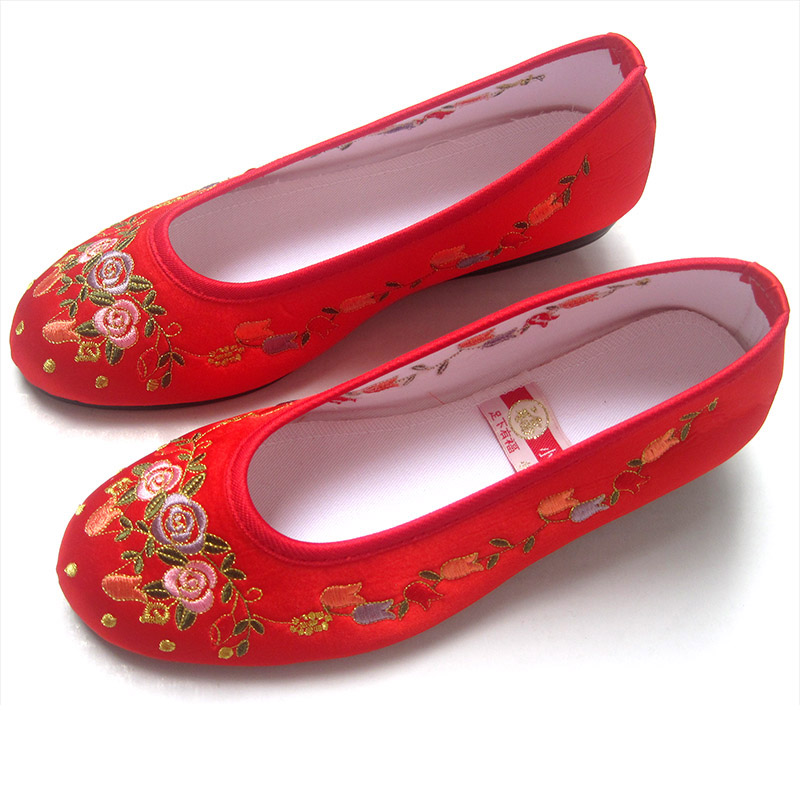 正品足下有福红色绣花鞋