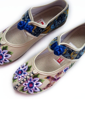 新款足下有福正品绣花鞋民族风牛筋底圆头女鞋老北京布鞋D755米色