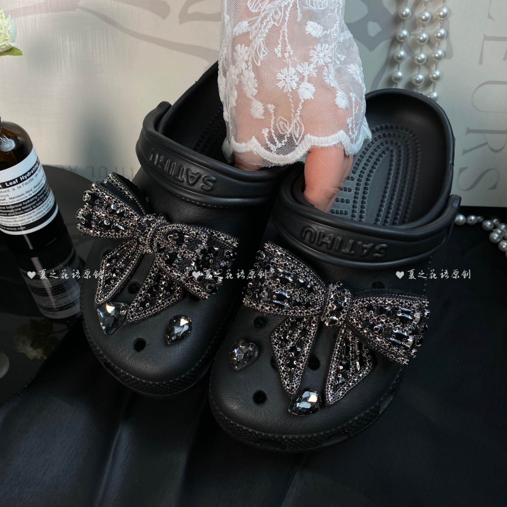 黑钻蝴蝶结原创洞洞鞋配件满钻大蝴蝶结装饰适配crocs鞋花鞋扣diy