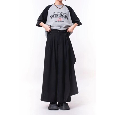 夏季冰丝面料狗哥同款新中式两穿裤裙暗黑拼接阔腿宽松黑色长裤