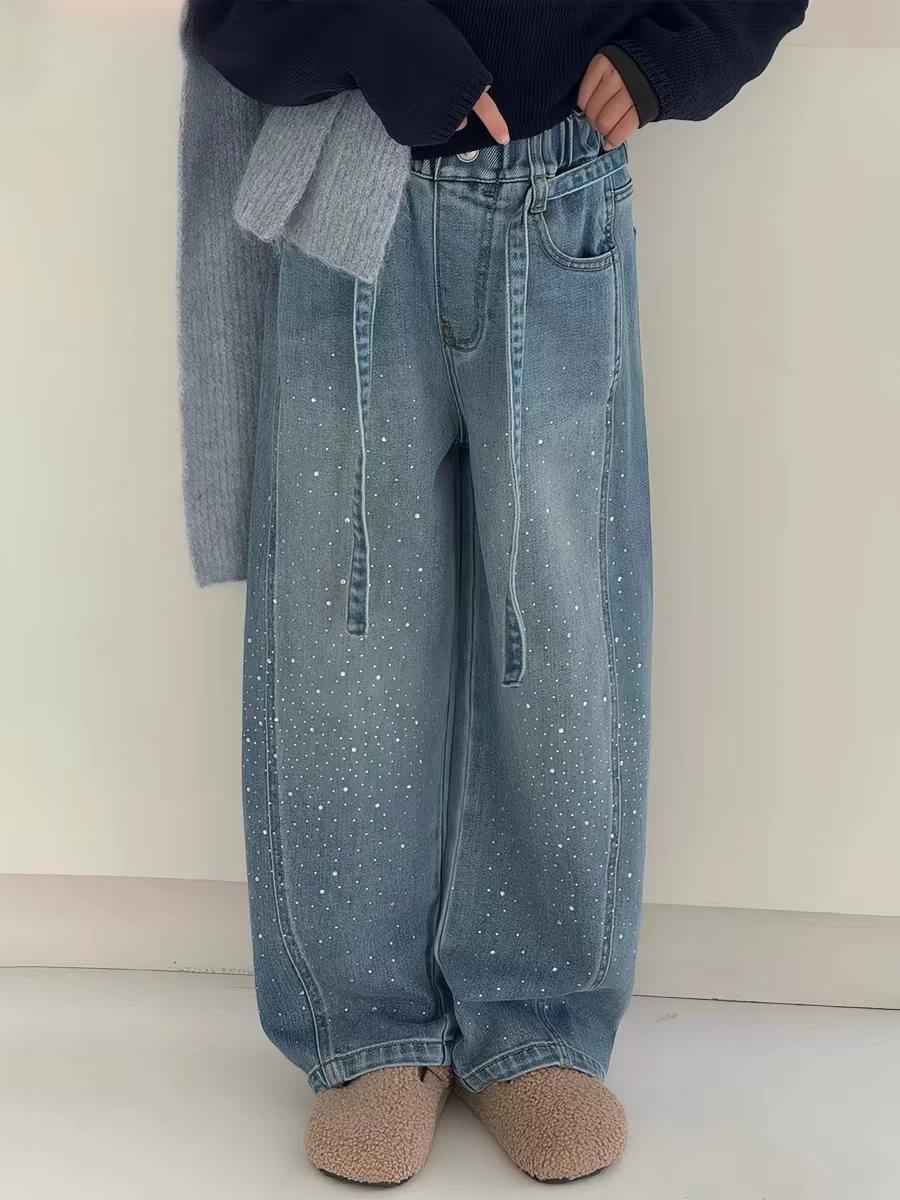 特价品牌童装26年春款韩版儿童牛仔裤长裤裤子女童直筒裤满钻