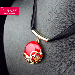 时尚猫眼石玫瑰花朵毛衣项链 女 短款黑色缎带绳子锁骨链红色结婚