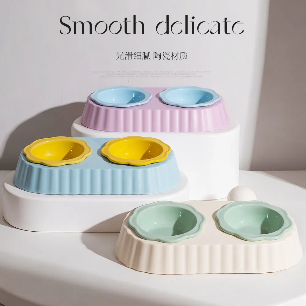 陶瓷花朵猫碗宠物碗狗碗猫食盆二合一双碗防打翻护颈猫喂粮碗水碗