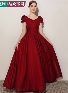 女大童小提琴演奏比赛长款红色公主裙儿童长笛钢琴古筝演出晚礼服