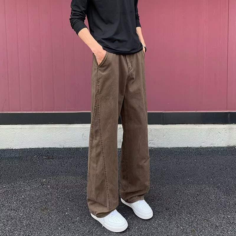 纯棉咖色工装高街弯刀微喇牛仔裤