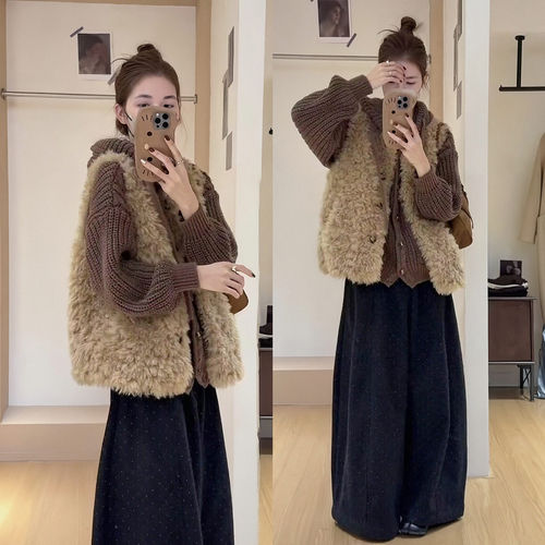 正品JK超好看深冬装一整套连帽针织毛衣毛毛马甲阔腿裤韩式慵懒ch