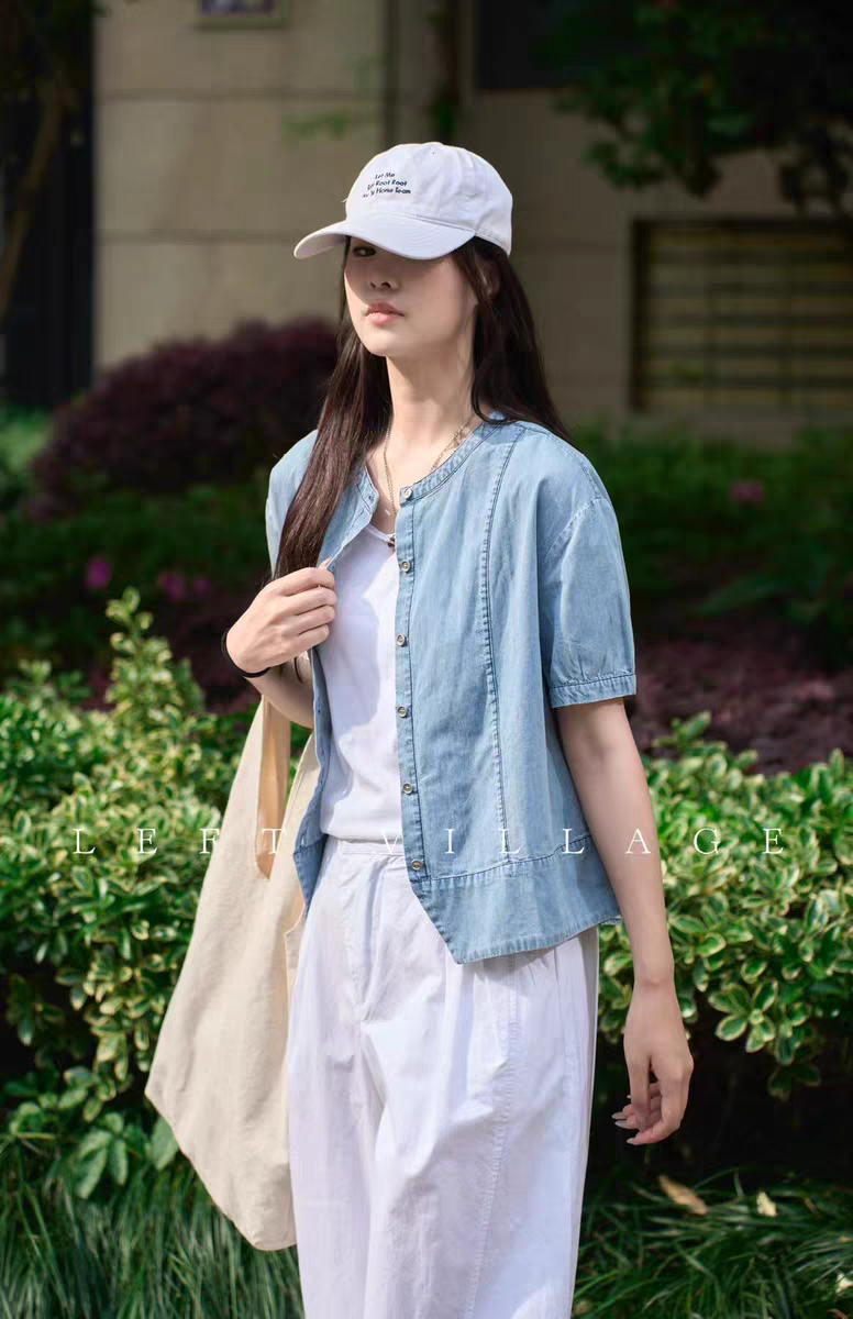 夏季左村新款韩版宽松显瘦圆领纯棉短袖衬衫女百搭休闲上衣